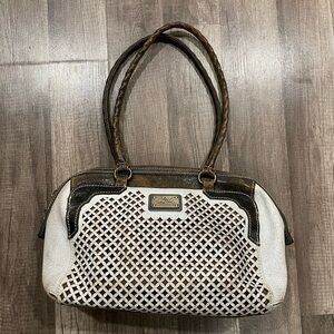Patricia Nash ivory brown Italian leather shoulder bag tooled lattice Western